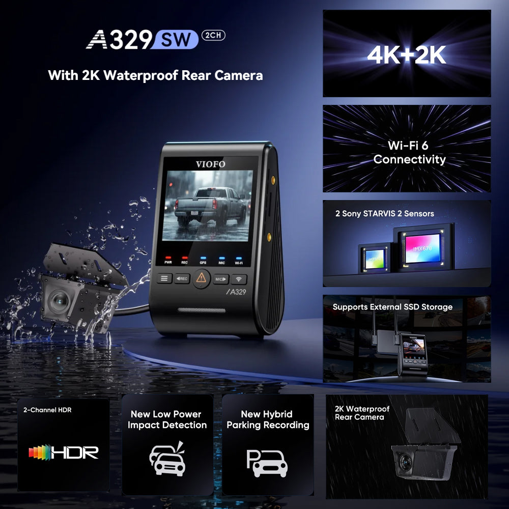 Viofo Dashcam A329 4K Front + 2K Waterproof Rear Wifi 6 Gps