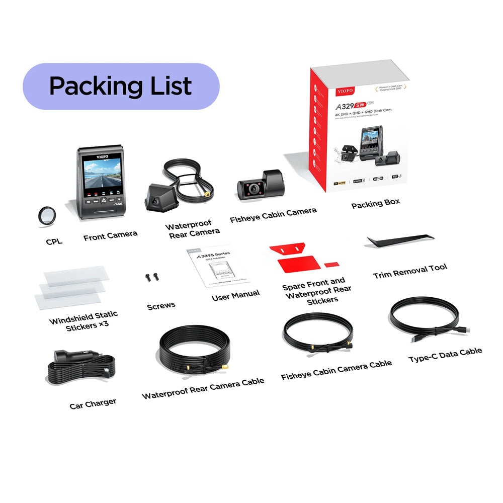 Viofo Dashcam A329 4K Front + 2K Fisheye Internal + 2K Waterproof Rear Wifi 6 Gps
