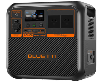Bluetti AC180P portable power station with LCD display and multiple outlet ports