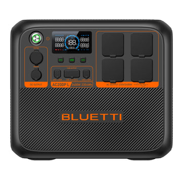 Bluetti AC200PL portable power station with AC outlets, USB ports, and display panel