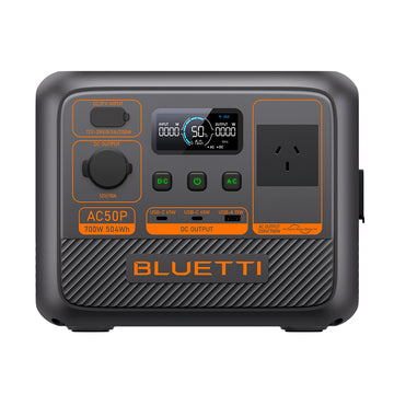 Bluetti AC50P portable power station, compact grey unit with AC and DC outlets