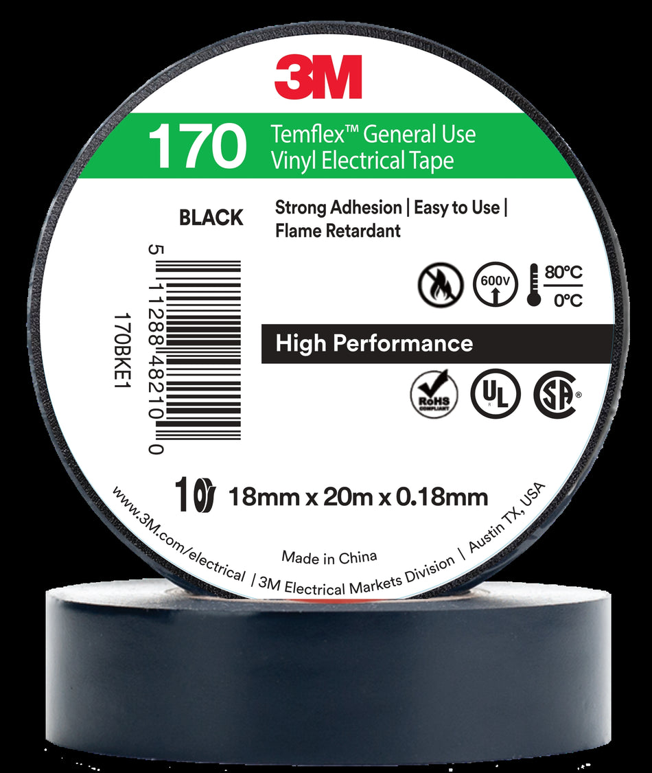 3m Temflex 170 Pvc Electrical Tape 18mm - 20mtr (10 Pack)