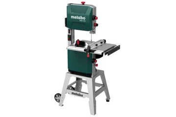 Metabo 900W band saw with grey cast iron table and wheeled stand