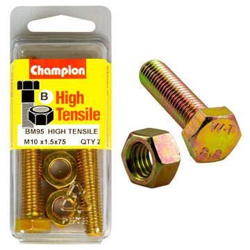 Champion M10 x 75mm grade 8.8 bolt and nut, zinc plated