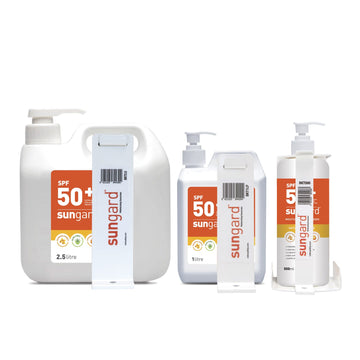 SunGard lockable wall mounting bracket for 500mL sunscreen pump bottle, white powdercoated steel