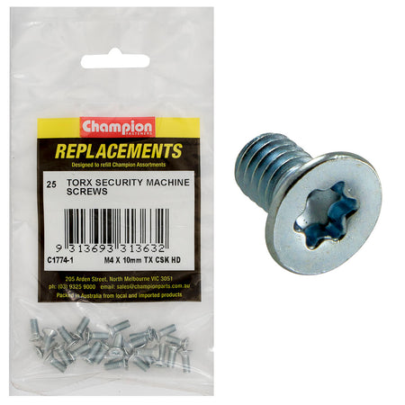 M4 x 10mm countersunk machine screw with Torx drive, pack of 25