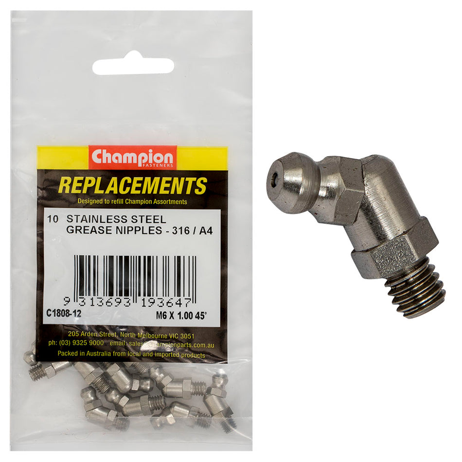 Champion Grease Nipple Stainless M6 x1.00 45Deg. 316/A4-10pk