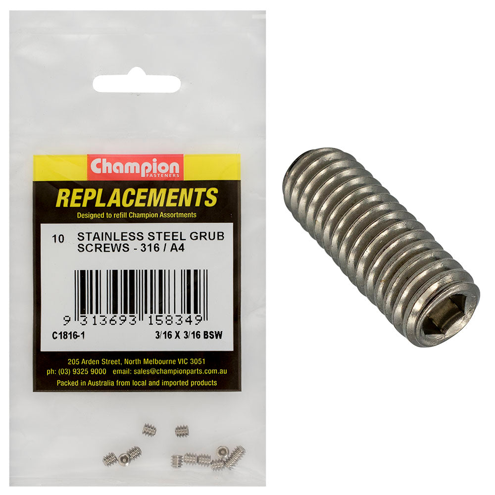 Champion BSW Grub Screw 316/A4 -10pk 3/16in - ISL_C1816-1