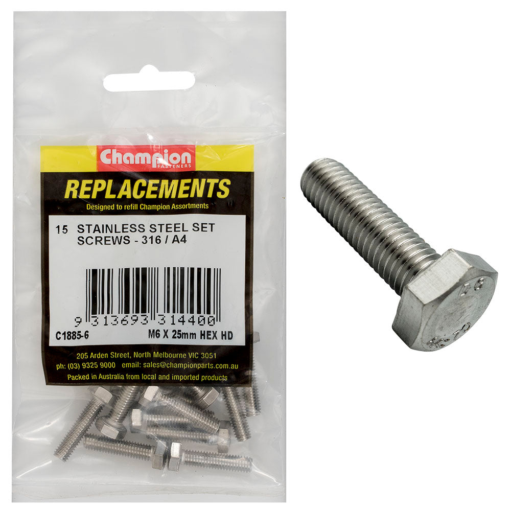 Champion M6 x 25mm Hex Set Screw -316/A4 -15pk | ISL