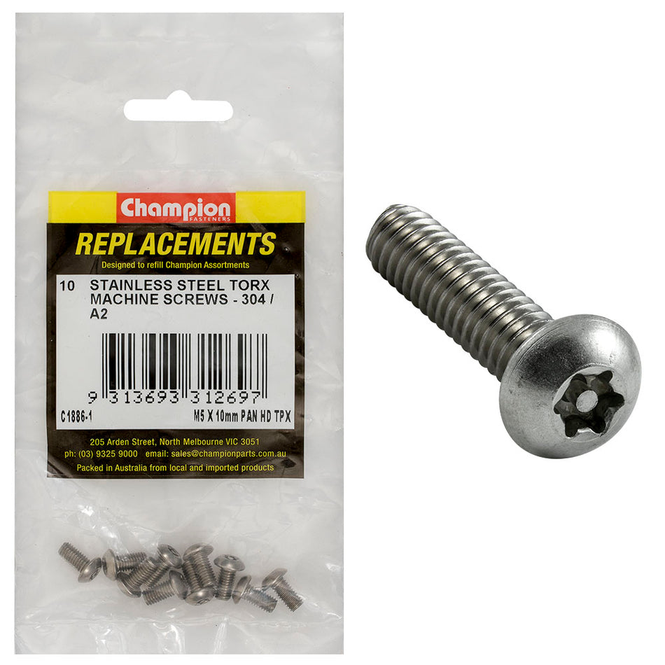 Champion M5 x 10mm Machine Screw -Pan -Tpx -304/A2 -10pk