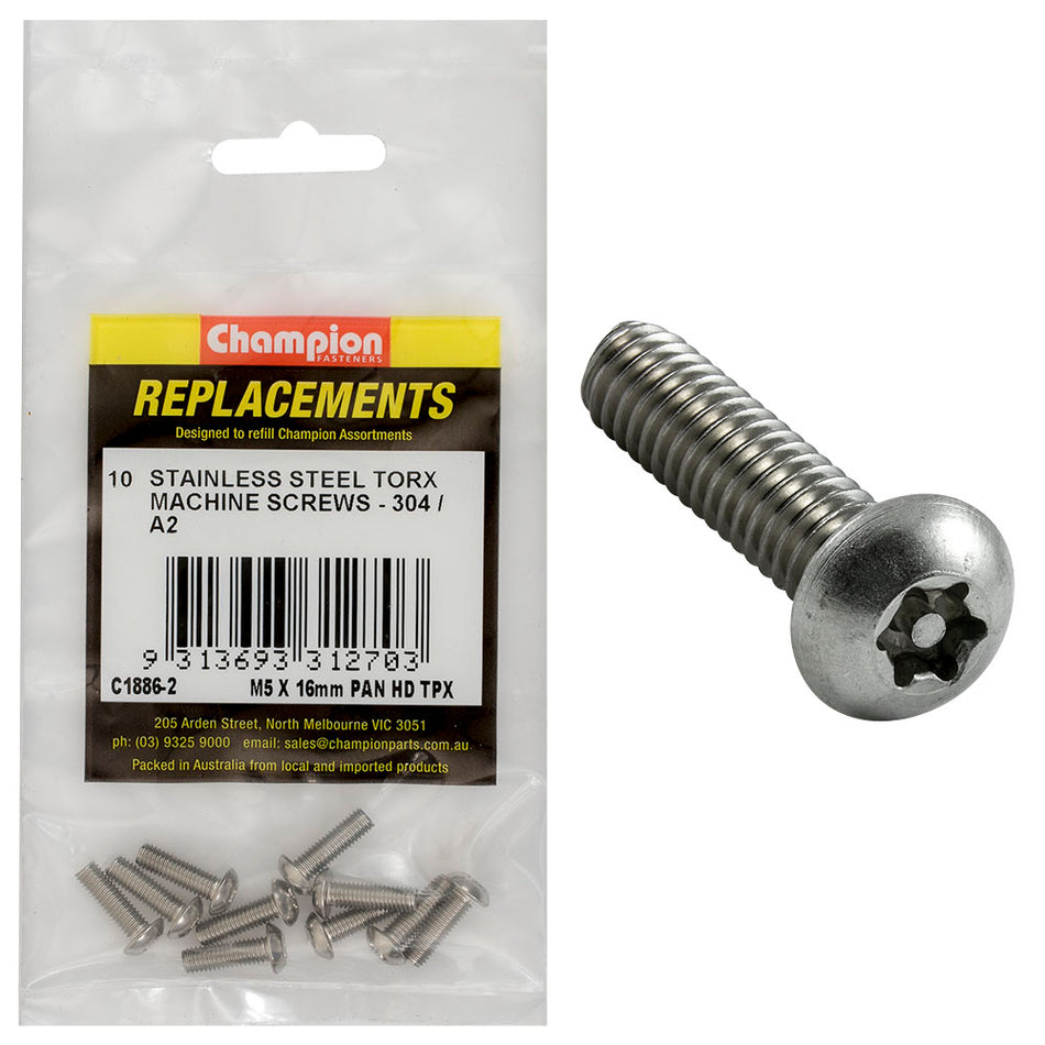 Champion M5 x 16mm Machine Screw -Pan -Tpx -304/A2 -10pk