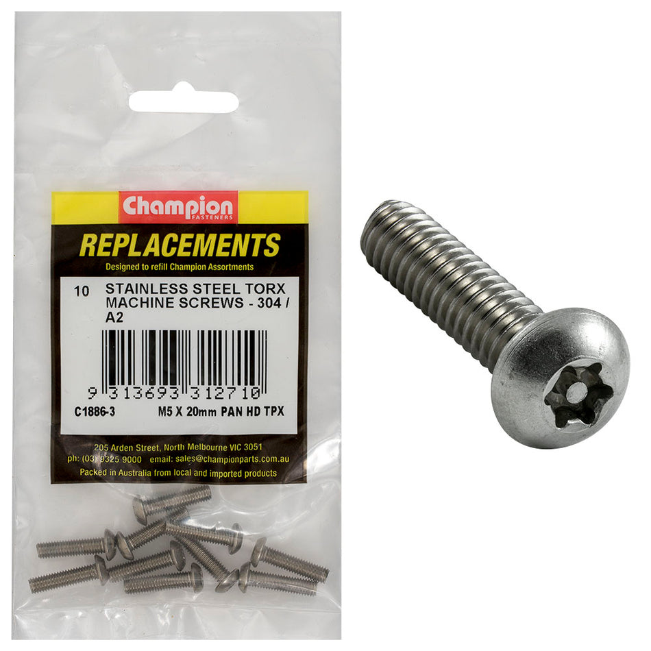 Champion M5 x 20mm Machine Screw -Pan -Tpx -304/A2 -10pk