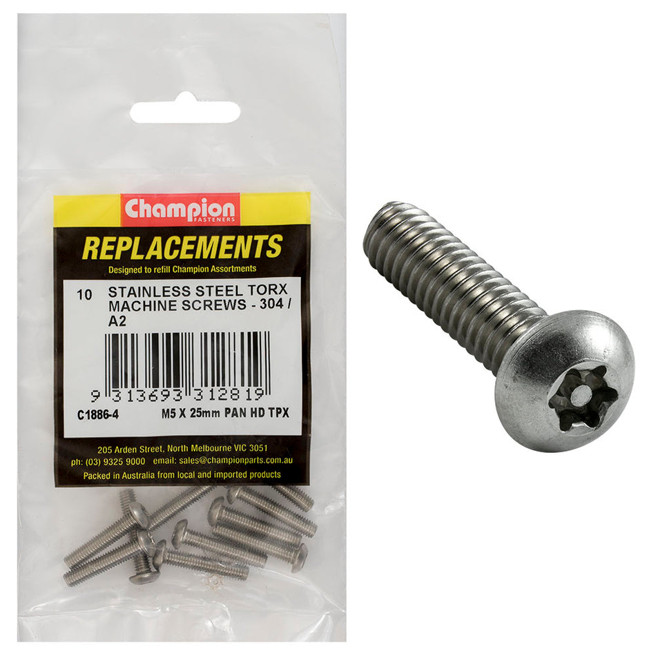 Champion M5 x 25mm Machine Screw -Pan -Tpx -304/A2 -10pk