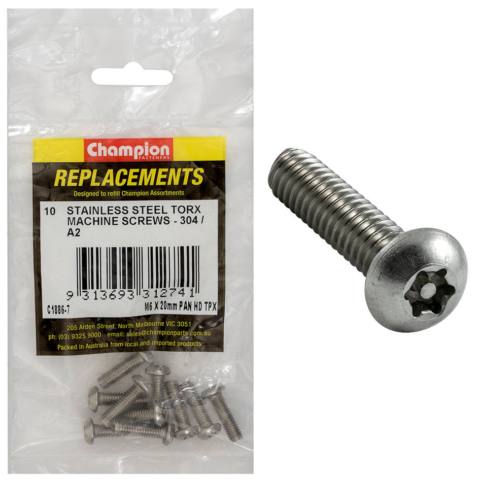 Champion M6 x 20mm Machine Screw -Pan -Tpx -304/A2 -10pk