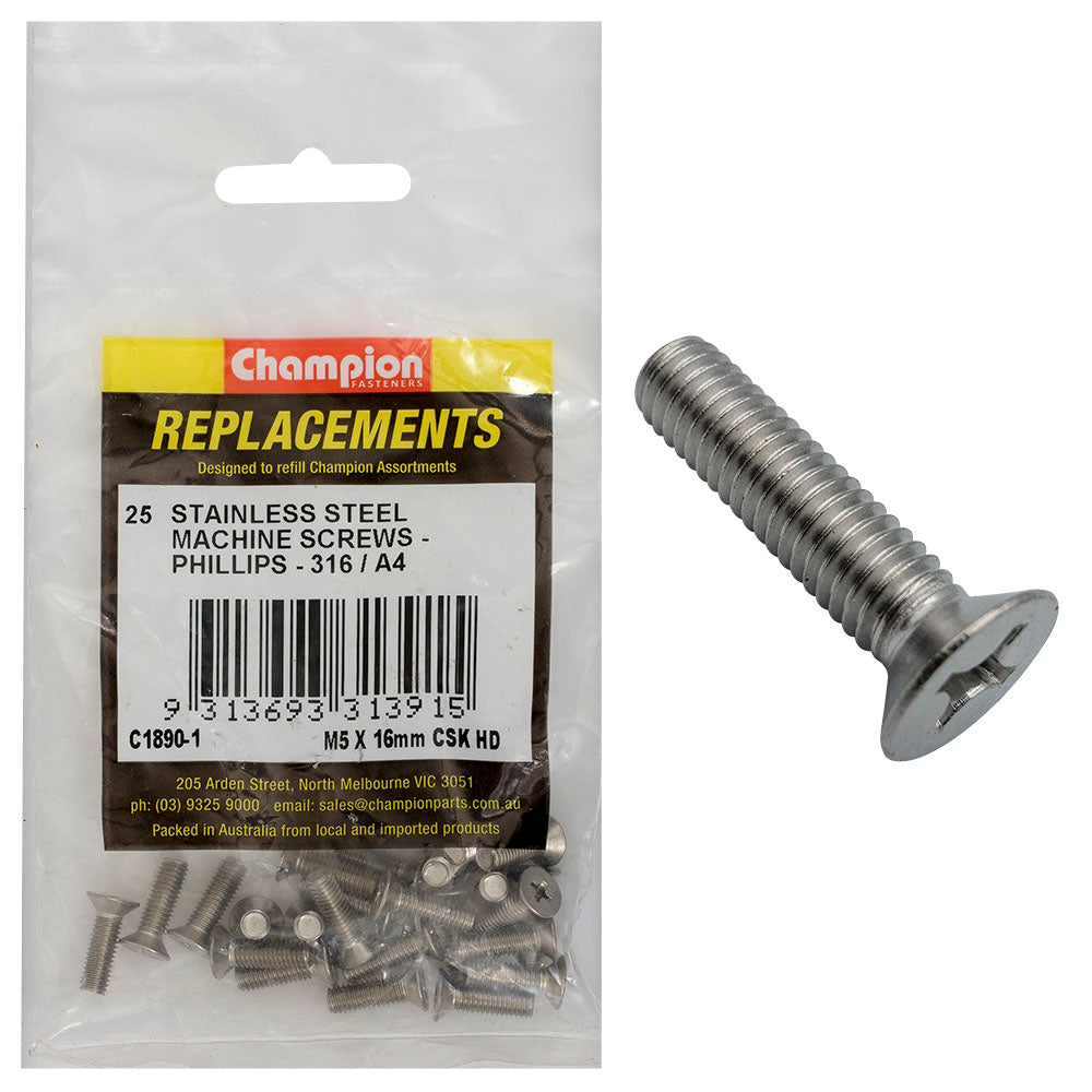 Champion M5 x 16mm Machine Screw -Csk -Ph -316/A4 -25pk | ISL