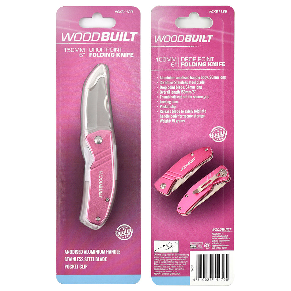WOODBUILT PINK 150MM DROP POINT FOLDING KNIFE