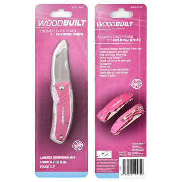 Woodbuilt Pink 150mm Drop Point Folding Knife | Alltrade