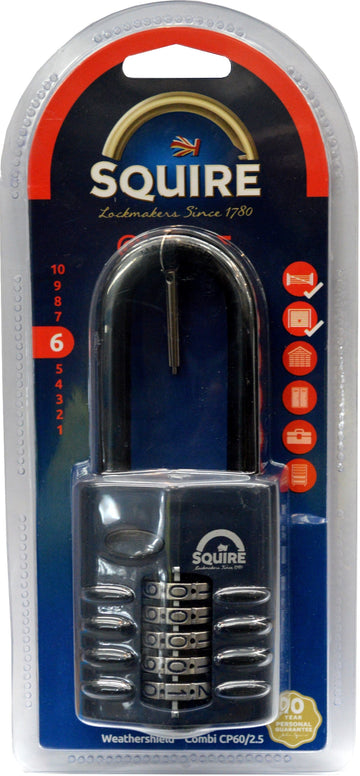 Squire 60mm combination padlock with hardened steel shackle and die cast alloy body