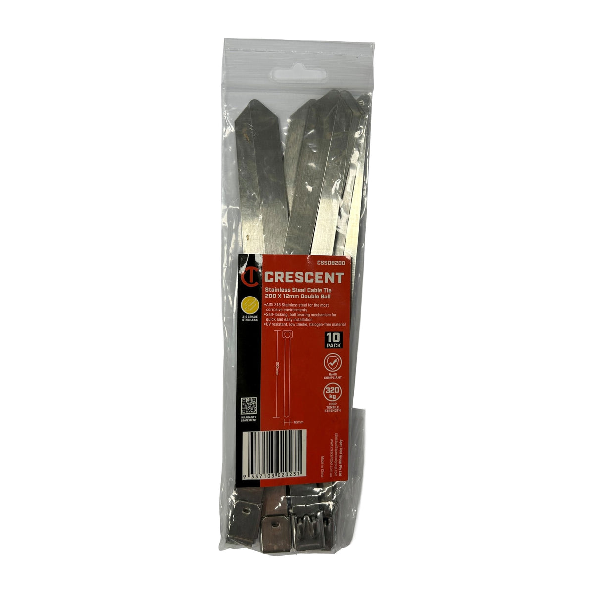 Crescent 10Pc 200x12mm 316SS Double Ball Cable Ties | Accent Tools