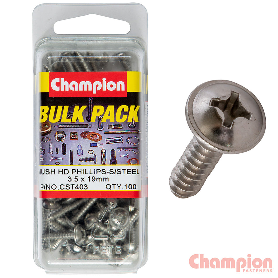 Champion S/Tapping Screws - Mushroom Head - 3.5 x 19mm