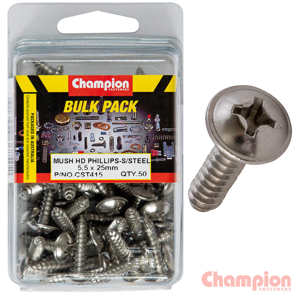 Champion S/Tapping Screws - Mushroom Head - 5.5 x 25mm