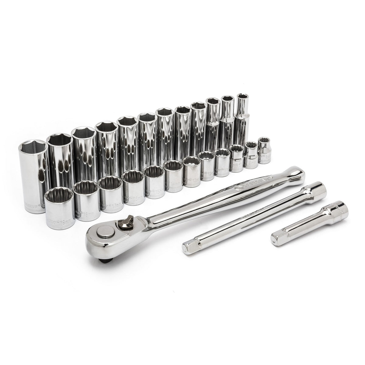Crescent 27 piece. 3/8 Drive 6 & 12 Point Deep & Standard Metric Mechanics Tool Set | Accent Tools