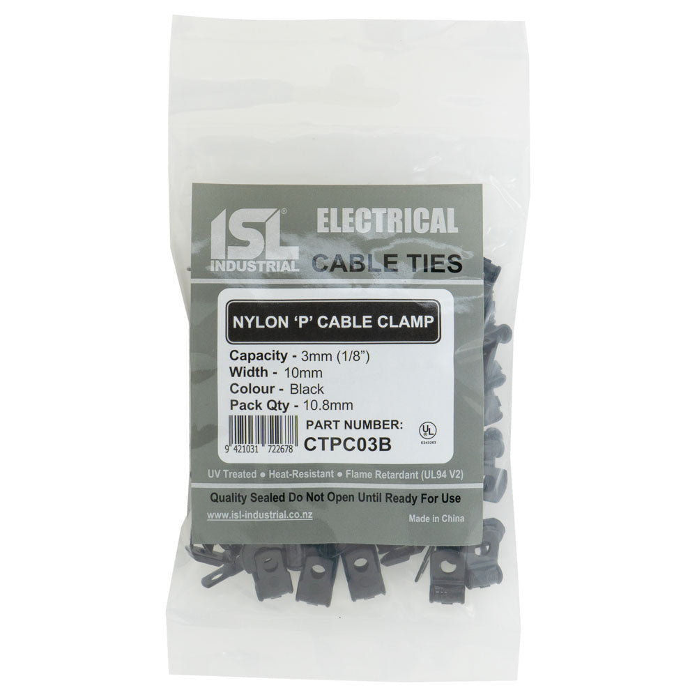 ISL Nylon 'P' Cable Clamp - Black - 100pk - ISL_CTPC03B