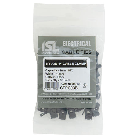 ISL Nylon 'P' Cable Clamp - Black - 100pk - ISL_CTPC03B