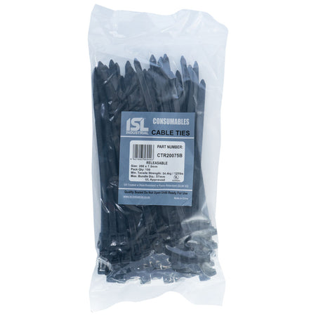 ISL UV Nylon Releasable Cable Tie - Blk - 100pk - ISL_CTR20075B