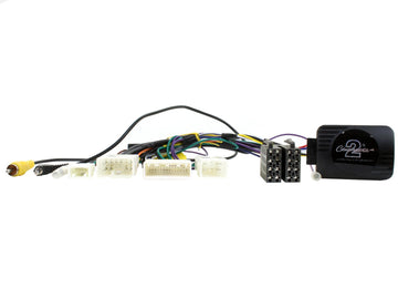 Subaru steering wheel control harness with OEM rear camera retention