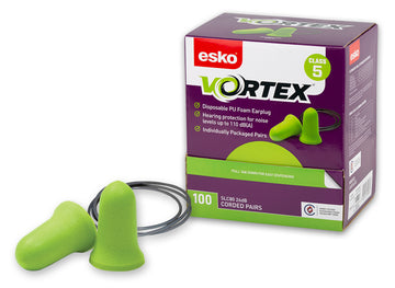 GREEN Vortex bell-shaped corded earplugs in fluoro green, Class 5 AS/NZS 1270, 100 pair box