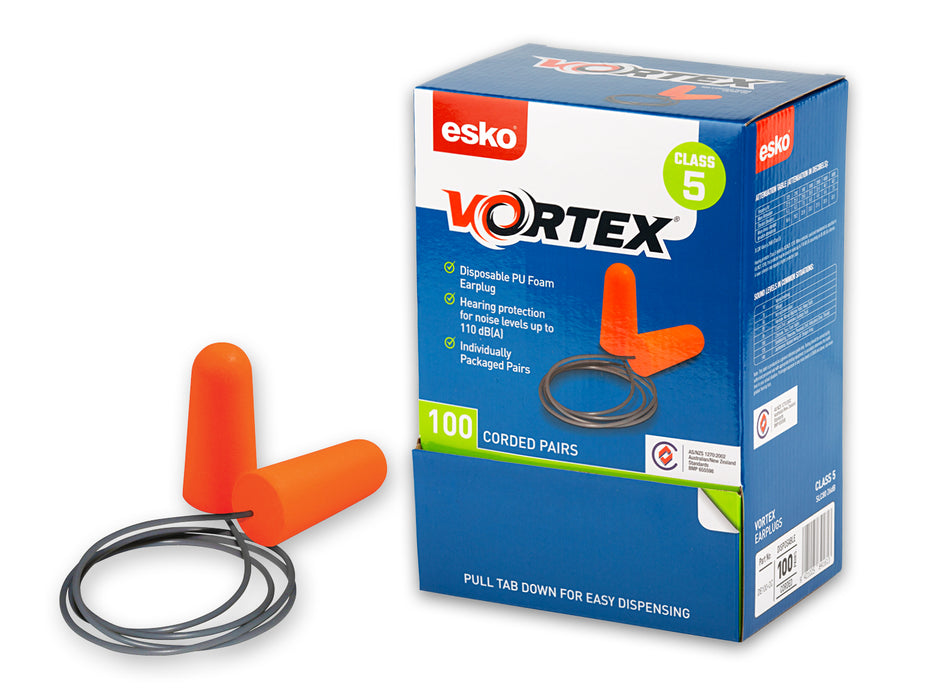 ORANGE Vortex Disposable Corded Earplugs, Class 5, 26dB  (Box 100 Pairs)