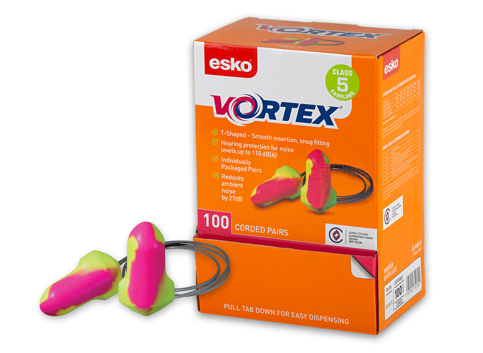 PINK/YELLOW Vortex T-Shaped Class 5 Hi-Vis corded PU earplug, individually packed pairs, 100pr box.
