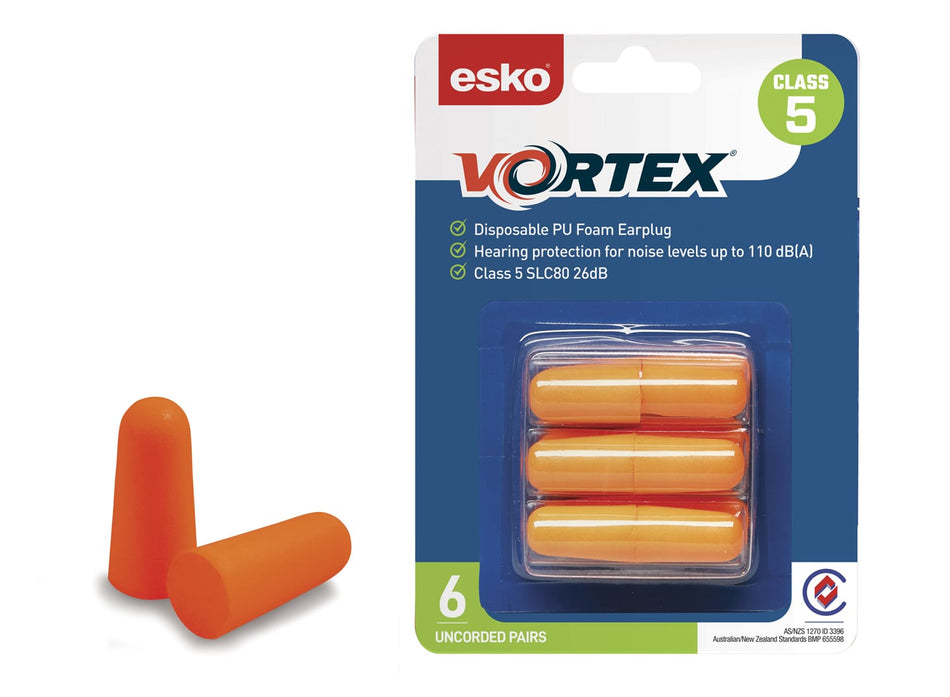ORANGE Vortex Earplugs Uncorded Class 5 Blister Pack (6 pairs)
