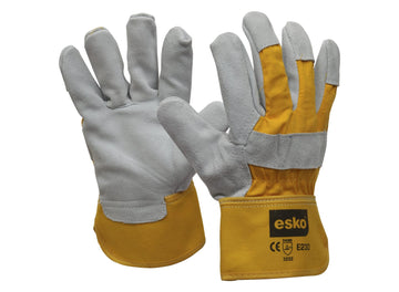 Esko heavy duty leather work glove with chrome grey palm and yellow cotton back