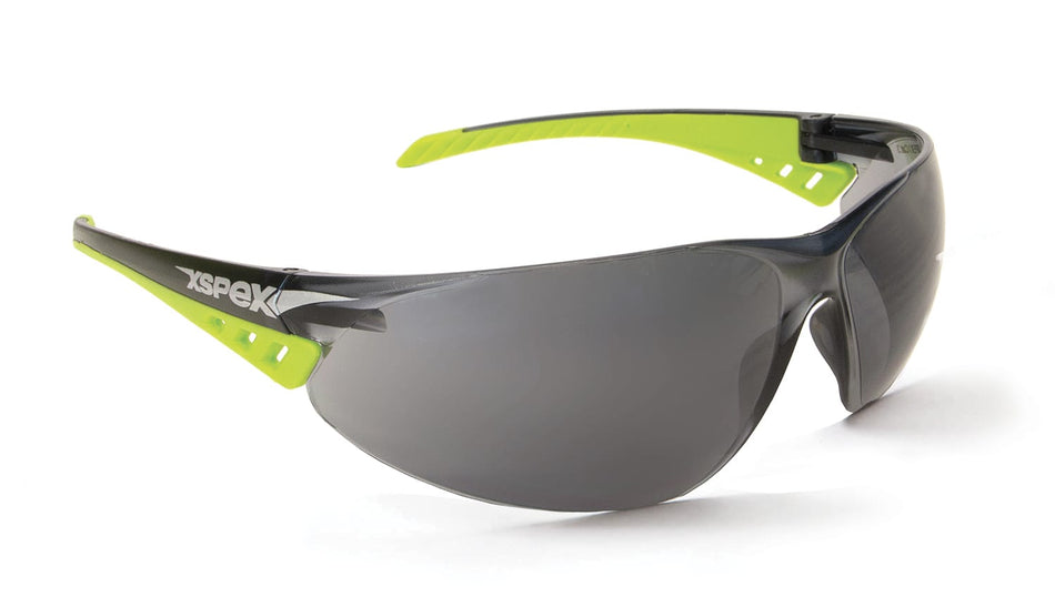 XSPEX Safety Spec SMOKE Lens, wraparound style, soft rubber sidearms, anti-fog & anti-scratch, ASNZS 1337.1