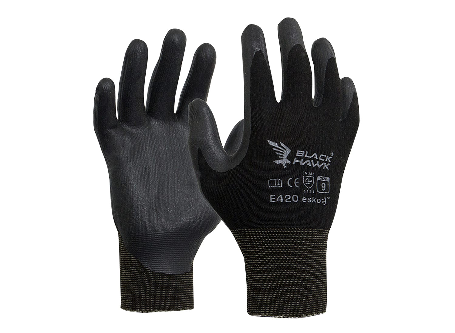 BLACK HAWK Glove, Black polyamide with black foam nitrile coating Size 9(L) E420