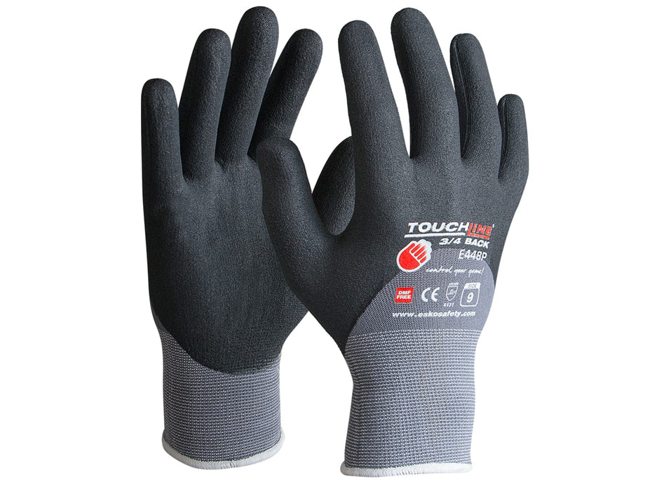 TOUCHLINE -3/4 Back Glove, polyamide spandex with micro nitrile foam coating. Size 9(L), with Header Card.