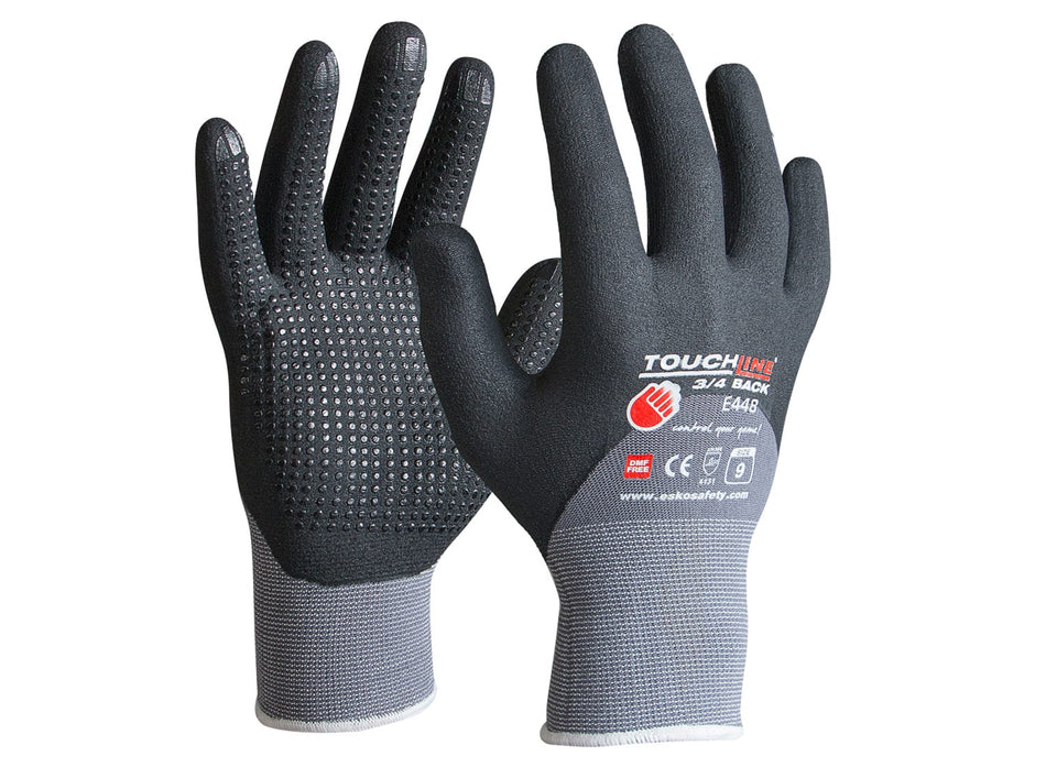 TOUCHLINE -3/4 Back Glove with micro dots, polyamide spandex with micro nitrile foam coating. Size 7(S), with Header Card.