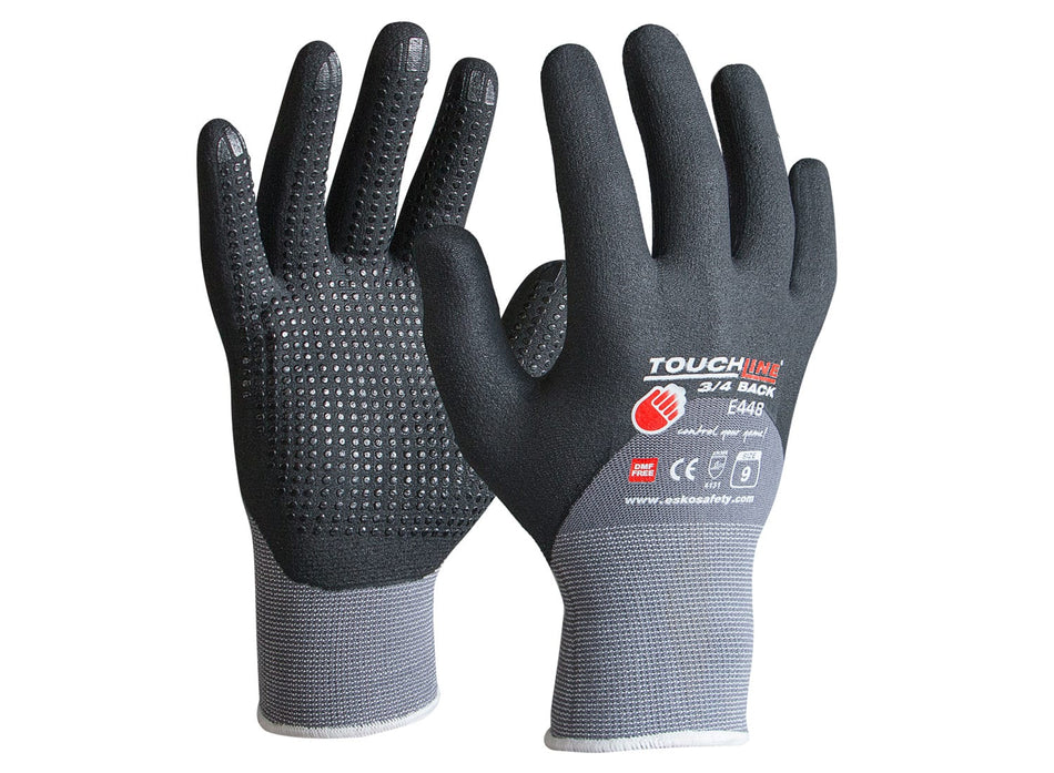 TOUCHLINE -3/4 Back Glove with micro dots, polyamide spandex with micro nitrile foam coating. Size 11(2XL), with Header Card.