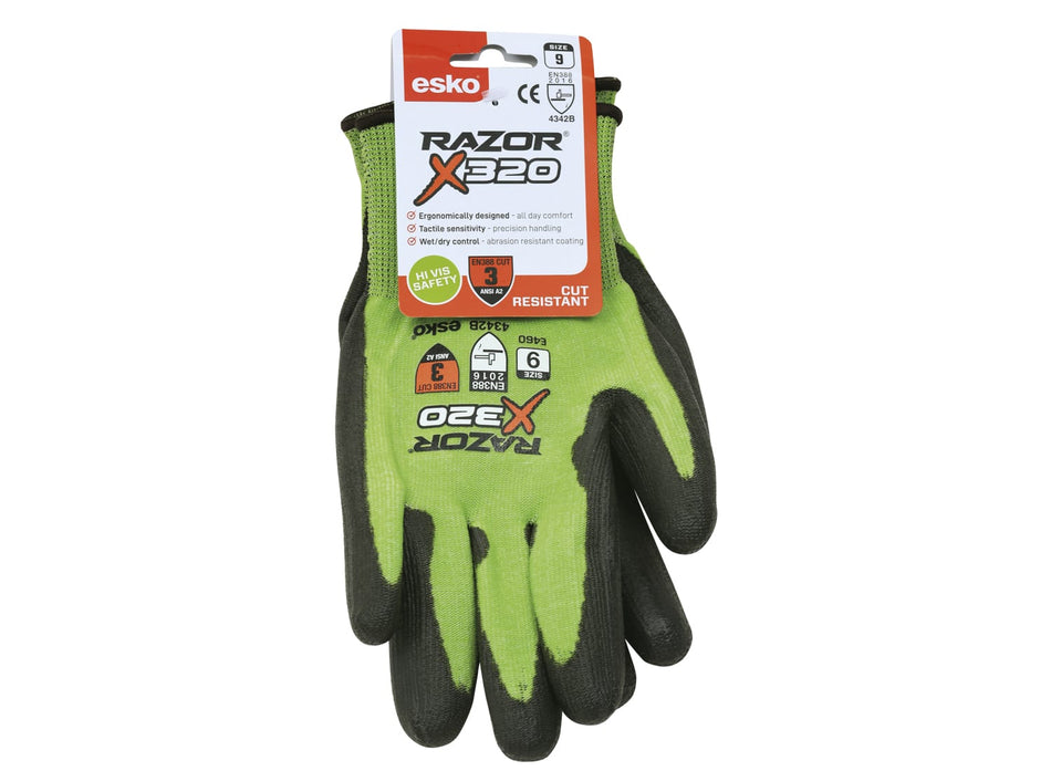 GREEN Razor X320 UHMWPE Cut Level 3 Glove, Black PU Coating, With Header Card - 8(M)