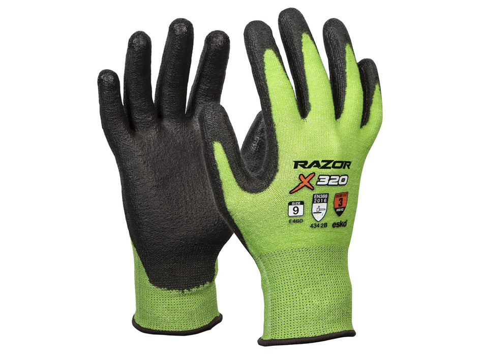GREEN Razor X320 UHMWPE Cut Level 3 Glove, Black PU Coating - 8(M)