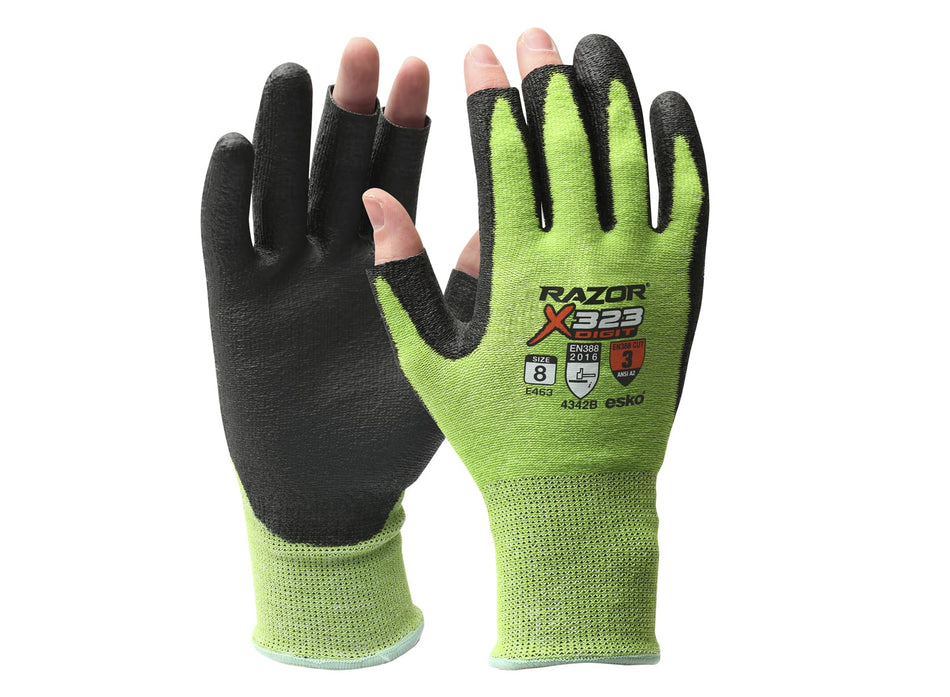 Fingerless Razor X323, HiVis Green UHMWPE Cut Level 3, Black PU Coating