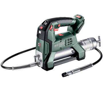 Metabo 18V cordless grease gun with LED work lights and shoulder strap