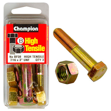 Champion Grade 5 bolt and nut, 7/16 x 3 inch UNF, zinc plated