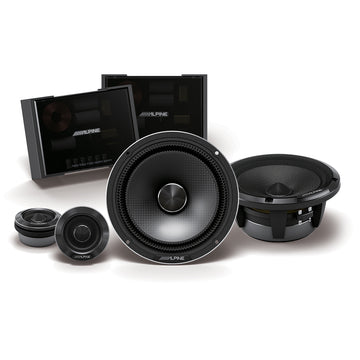 Alpine Status Series 6.5 inch component speaker assembly showing woofer, midrange and tweeter