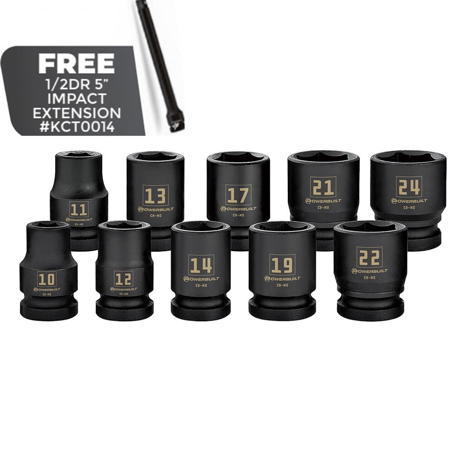 Powerbuilt 1/2" Dr 10pc Metric Impact Socket Set - Free 1/2dr 5” Impact Extension
