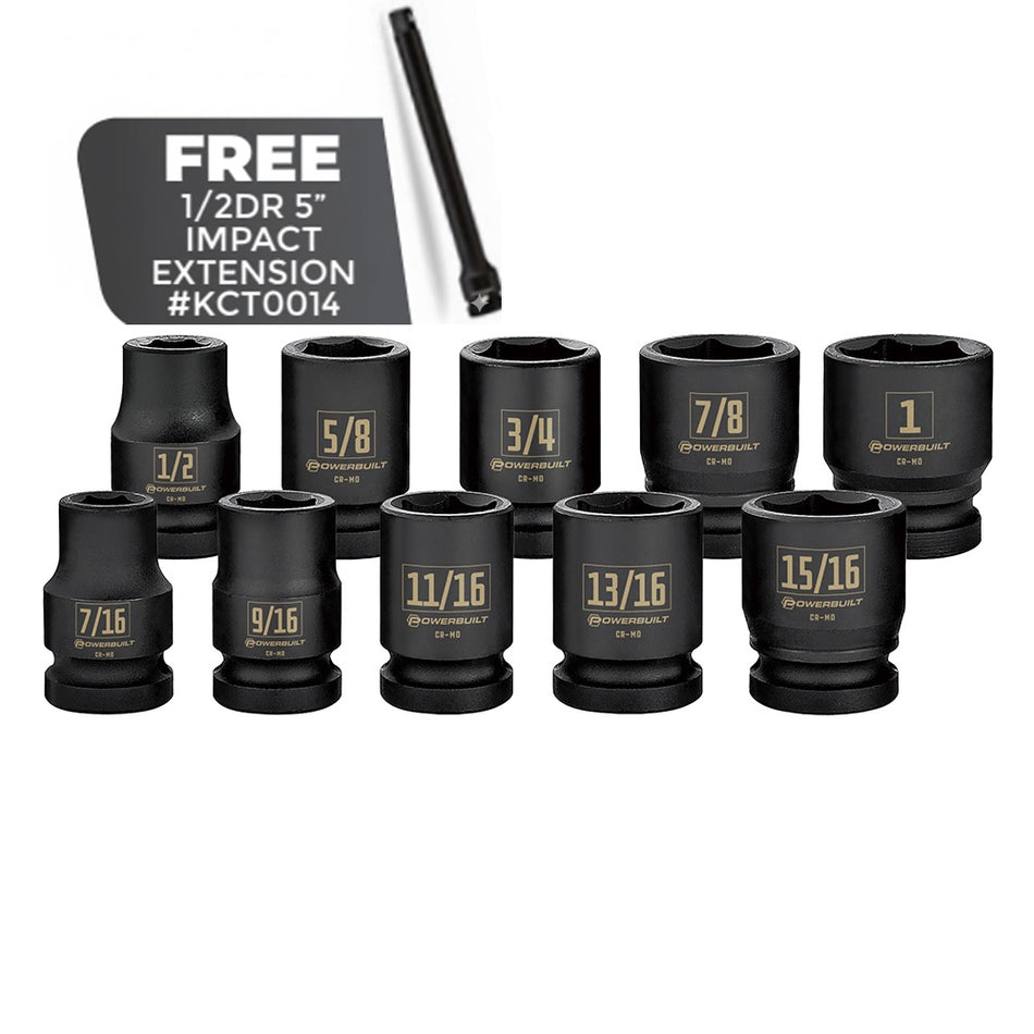 Powerbuilt 1/2" Dr 10pc Imperial Impact Socket Set - Free 1/2dr 5” Impact Extension