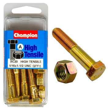 Champion Grade 5 bolt and nut, 5/16 x 1-1/2in UNC, zinc plated, pack of 10