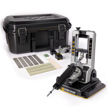 Worksharp Professional Precision Adjust Elite Knife Sharpener with metal frame, digital angle indicator, and carry case